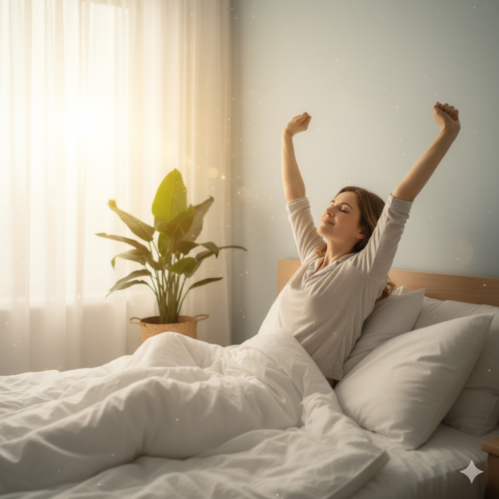 A woman stretching in bed, awake and refreshed